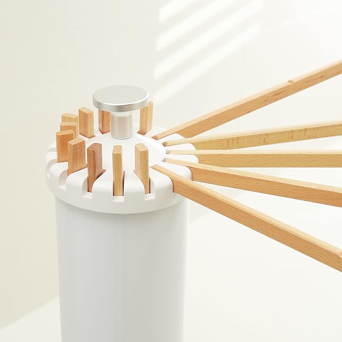 JOOM Clothes Drying Rack, Clothing Stand, Foldable Laundry Drying Rack | Portable clothes rack with wooden rods, plastic cylinder and tripod base for apartments, balconies, RVs, camping and travel.