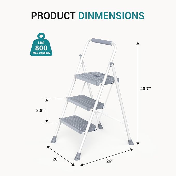 OLIXIS 3 Step Ladder, 800lbs Foldable Step Stool with Anti-Slip Pedal | Heavy Duty Portable Stepping Stool with Sturdy Steel Ladder & Comfortable Handrail, for Kitchen, Garage, Outdoor Use - Grey