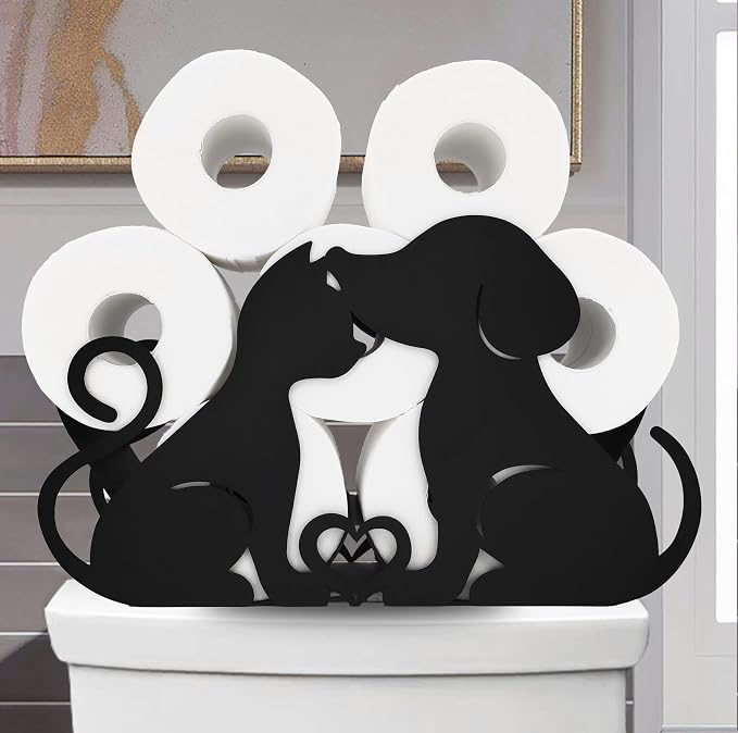 Lover Dog Black Metal Paper Holder, Decorative FreeStanding Toilet Paper Organizer for Bathrooms, Holds Extra 8 Rolls