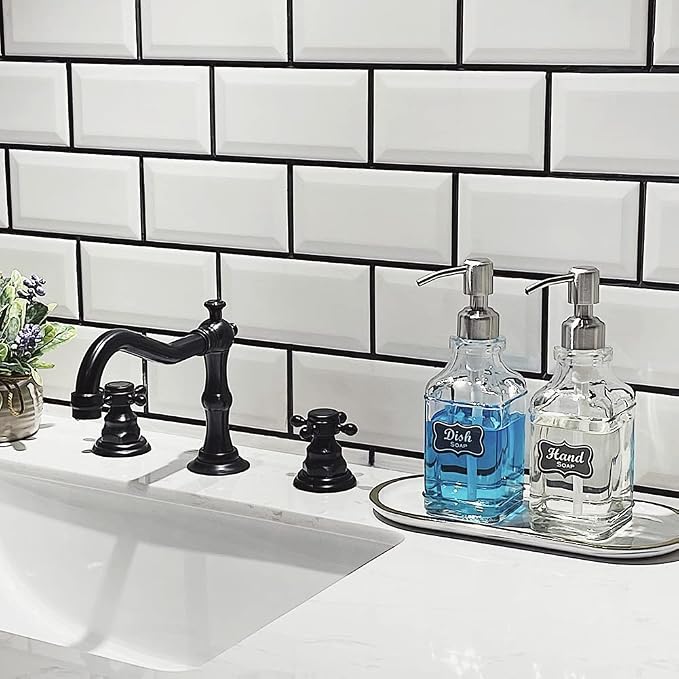 JASAI 2Pack Hand&Dish Glass Soap Dispenser with Rust Proof Pump & Stickers | Kitchen Soap Dispenser with 304 Stainless Steel Pump, Premium Bathroom Soap Dispensers for Dish Soap, Hand Soap，Lotion