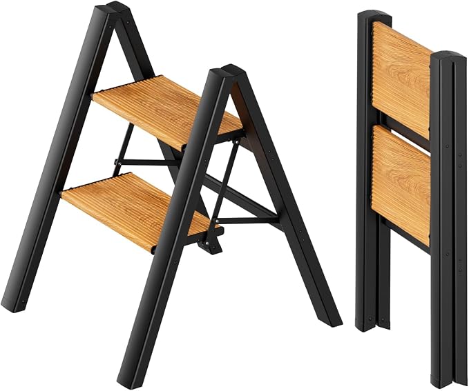 2 Step Ladder, Folding Step Stool, Black & Woodgrain | Wide Anti-Slip Steps and a Foldable, Space-Saving Design for Adults to Use in Kitchens, Closets, Library,300 lbs