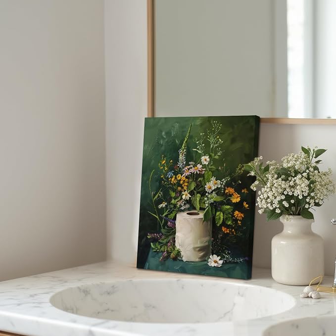 Framed Vintage Floral Bathroom Wall Art Set of 3, Dark Green Moody Flower Canvas Prints, Rustic Cottagecore Wildflower Paintings for Toilet Restroom Home Decor 12x16 inch