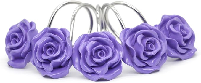 BEAVO Shower Curtain Hooks, Home Decorative Rustproof Shower Curtain Hooks Resin Rose Flower Shower Hooks Rings for Bathroom Shower Rods Curtains,Set of 12 Hooks (Purple) | Purple Flower Shower Curtain Ring - Stainless Steel Shower Ring Hook with Resin...