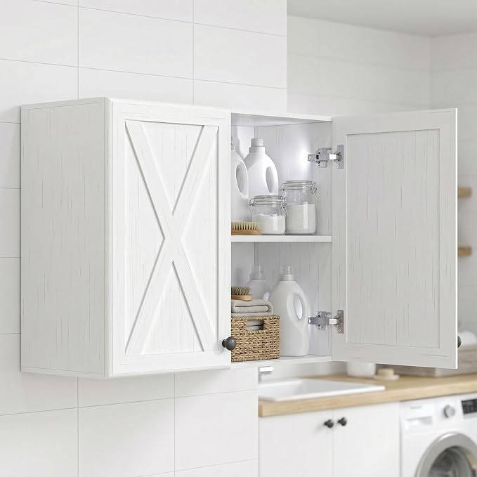 48" W Laundry Room Wall Cabinets, Wall Mounted Storage Cabinet, Farmhouse Wall Cabinet with Adjustable Shelf, Farmhouse Medicine Cabinet, Floating Cabinet for Bathroom, Kitchen, Off-White