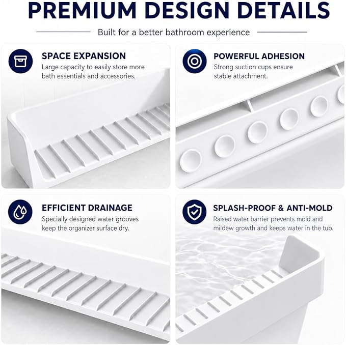 Bathtub Splash Guard for Tub Kids, Silicone Bath Toy Holder & Tub Side Tray with Suction Cups, Bath Tub Shelf for Kids, Bathtub Toy Storage, White
