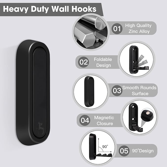 Folding Wall Hooks, 2 Pcs Foldable Black Coat Hooks Heavy Duty Foldable Hook Bathroom Towel Hooks Robe Hooks Wall Mounted for Hanging Coat Towels Clothes Hat Bags Keys | 90° Foldable Design, Wall Mounted, Holds Up To 40 Lbs, Screws And Anchors Included...