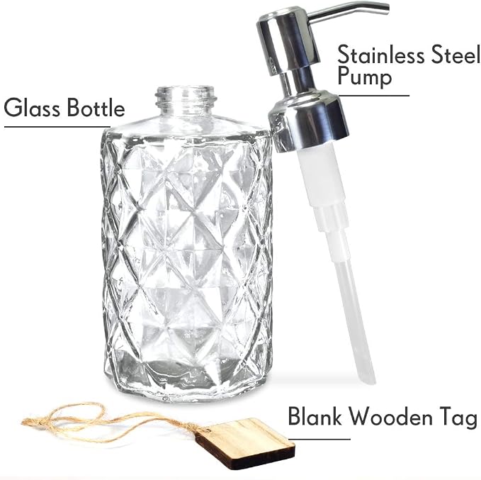 JASAI Diamond Design 12 Oz Glass Soap Dispenser with Rust Proof Pump | Kitchen Soap Dispenser with 304 Stainless Steel Pump, Bathroom Soap Dispenser for Hand Soap, Dish Soap, liquid Soap(Clear)
