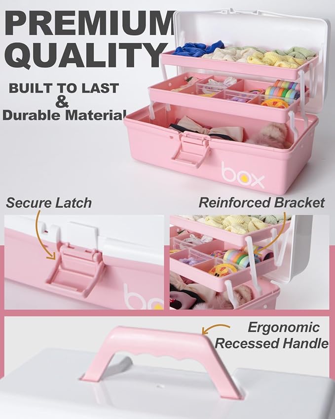 TERGOO 12in 3-Layer Plastic Craft Organizers and Storage, Portable Folding Tackle Box with Handle & Adjustable Dividers, Multipurpose Case for Sewing, Art Supplies, Medicine, Tools (White Pink)