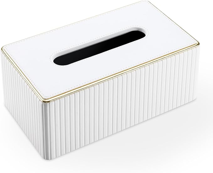 Rectangular Tissue Box Cover, PU Leather Tissue Box Holder with Magnetic Bottom, Napkin & Facial Tissue Holder Dispenser Decorative Box Cover for 120-count (3-Ply) 160-count (2-Ply) White