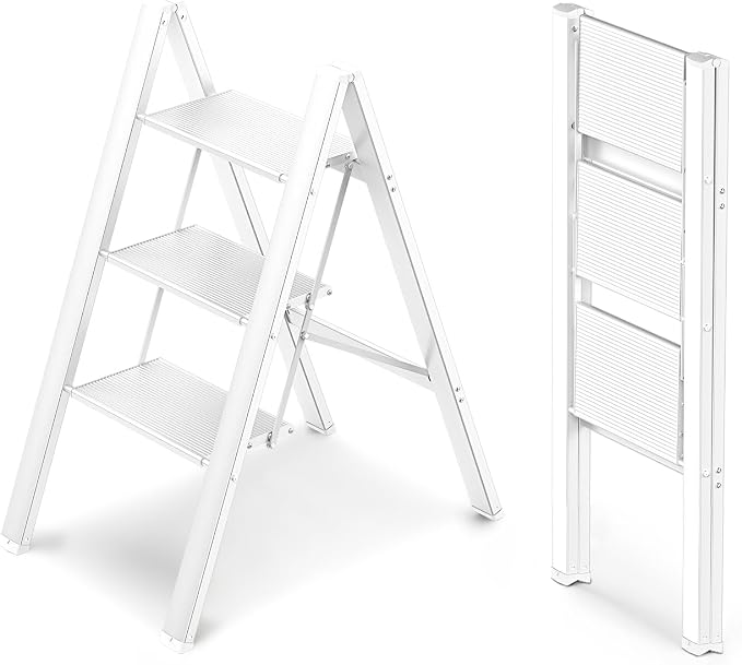 3 Step Foldable Step Stool, 300lbs Load, White | Folded 35''H x 2''T; Net 8 lbs; Non-Slip Feet: Wood/Tile/Carpet; Rigid Aluminum Steps; No Assembly; Ready From Box.