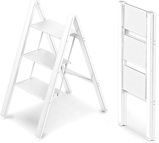 3 Step Foldable Step Stool, 300lbs Load, White | Folded 35''H x 2''T; Net 8 lbs; Non-Slip Feet: Wood/Tile/Carpet; Rigid Aluminum Steps; No Assembly; Ready From Box.