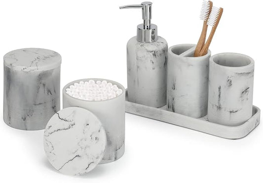 White Marble Bathroom Accessories Set 6 Pieces - Toothbrush Holder, Lotion Dispenser, Qtip Container, Vanity Tray, Tumbler - Countertop Organizer for Bathrooms - Elegant and Functional Décor Set