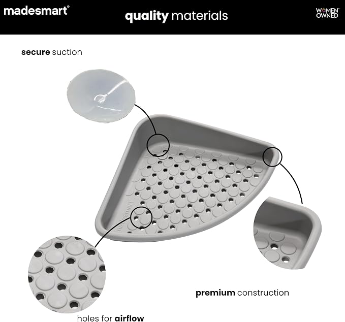 madesmart Bathtub Corner Shelf, Grey | suction cup base, drainage holes, raised edges, shampoo soap razors, bath accessories, woman owned