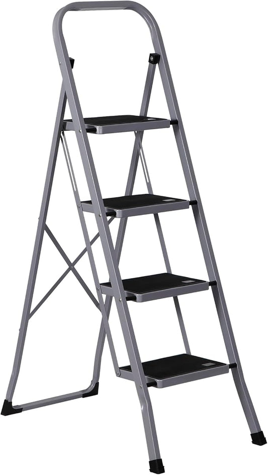 ZENY 4 Step Ladder Folding Step Stool with Wide Anti-Slip Pedal, Convenient Handgrip, Portable Steel Step Stool, 330 lbs Sturdy Steel Ladder for Household and Office, Gray