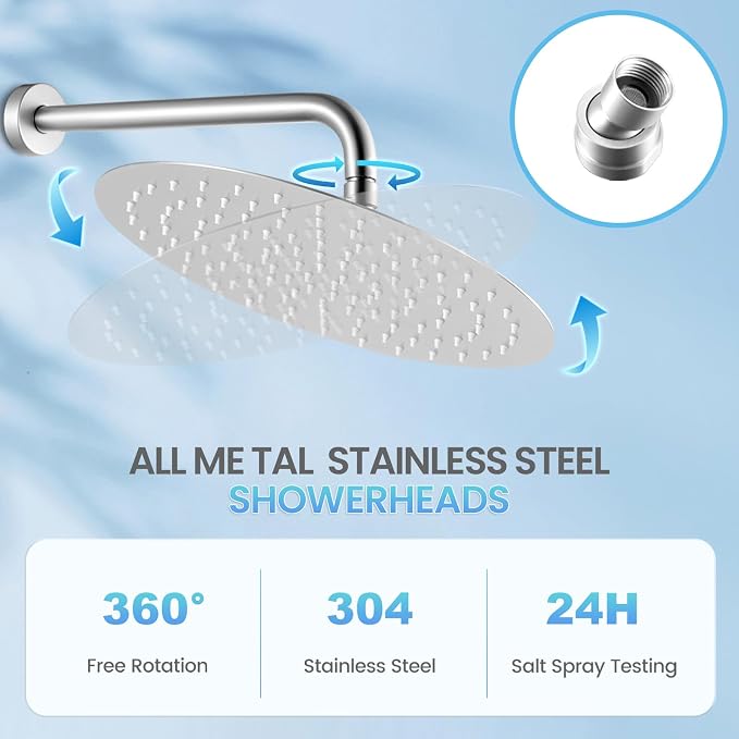 12 Inch Brushed Nickel Round Rain Shower Head - All Metal Stainless Steel Full Body Rainfall Shower with 120 Silicone Nozzles Modern Bathroom