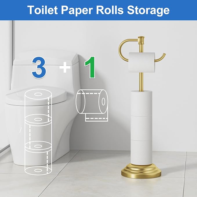 RUMOSE Toilet Paper Holder Stand for Floor Free Standing, Gold | Bathroom Freestanding Toilet Tissue Roll Holder with Storage, Adjustable 17-25 Inch, Rustproof, SUS304 Stainless Steel