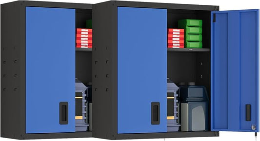 30 Inch Metal Wall Cabinet, Metal Wall Cabinet for Garage, 2pcs,Blue | Wall Mount Cabinet with Lock and Adjustable Shelf, Lockable Storage Cabinet for Home Office,Garage,Gym,School