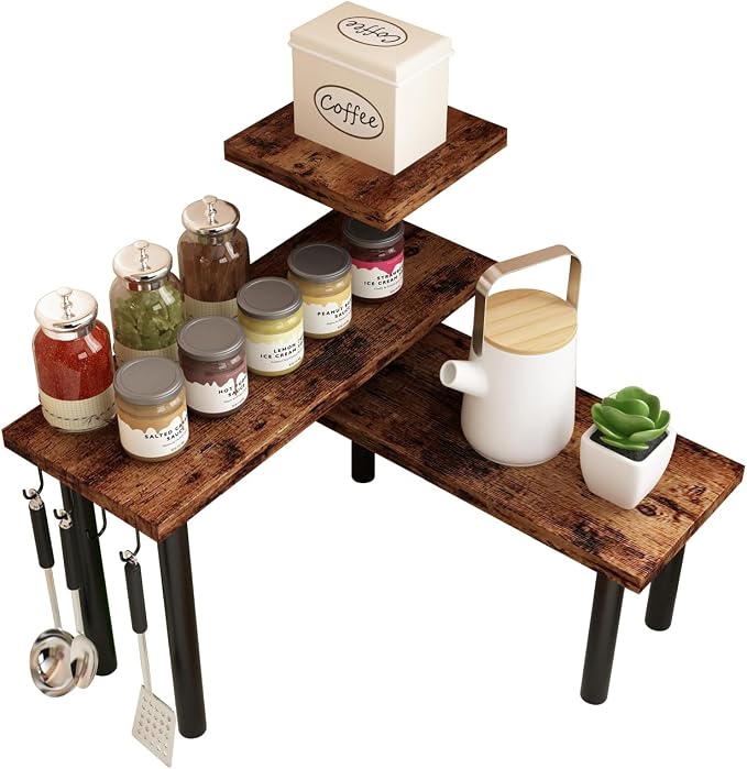 Kitchen Countertop Organizer - 3 Tier Corner Shelf, Bathroom Counter Organizer, Spice Rack, Coffee Bar, Over Sink, Rustic Brown