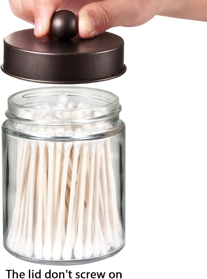 Amolliar Glass Apothecary Jar Qtip Holder Metal Lids 4pc/Bronze | Bathroom Decor Countertop Vanity Storage Organizer Set for q tip holder,Cotton Swabs/Rounds,Makeup Sponges,Cute Stickers