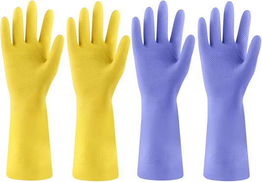Rubber Kitchen Dishwashing Gloves - 4 Pairs Colorful Reusable Cleaning Gloves for Kitchen Washing Dishes and Household Cleaning(Large, Yellow+Blue)