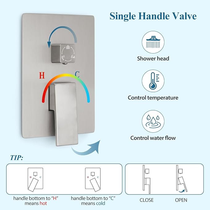 Brushed Nickel Square Rainfall Shower Head Set with Handheld & Faucet, 12" | Wall Mounted Bathroom Shower Faucet, 12 Inch Square Head, With Shower Valve, Rustproof Brushed Nickel, High Pressure Raindrop