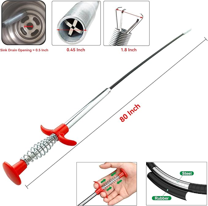 80-Inch Flexible Drain Snake with 4-Claw Grabber for Sink & Shower Clogs | Extended Reach • Flexible Coated Shaft • Secure 4-Claw Grip • Pulls Hair, Food Waste And Debris From Curved Pipes