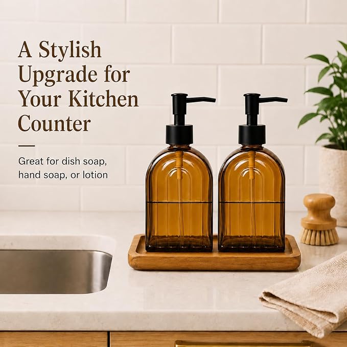 2 Pack Arch Glass Kitchen Soap Dispenser with Acacia Wood Tray, 11oz Amber Rainbow Decorative Hand Soap Dispenser with Rustproof Pump, Refillable Liquid Dispenser for Kitchen, Bathroom, Countertop