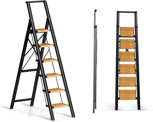 6 Step Ladder, Lightweight Folding Step Stool, Black+Wood Grain | Reach 12ft;Anti-Slip 7.9'' Wide Pedal;Portable Handrail;Space-Saving;For Kitchen, Home, Library, Office Use;300lbs Capacity