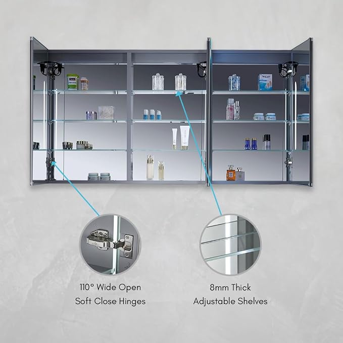 Blossom LED Lighted Bathroom Medicine Cabinet Mirror, Defogger, 60x32 | Bathroom Storage Cabinet, Medicine Cabinets Organizer, Vanity Mirror with Storage, Recessed/Surface Mount, Adjustable Shelves