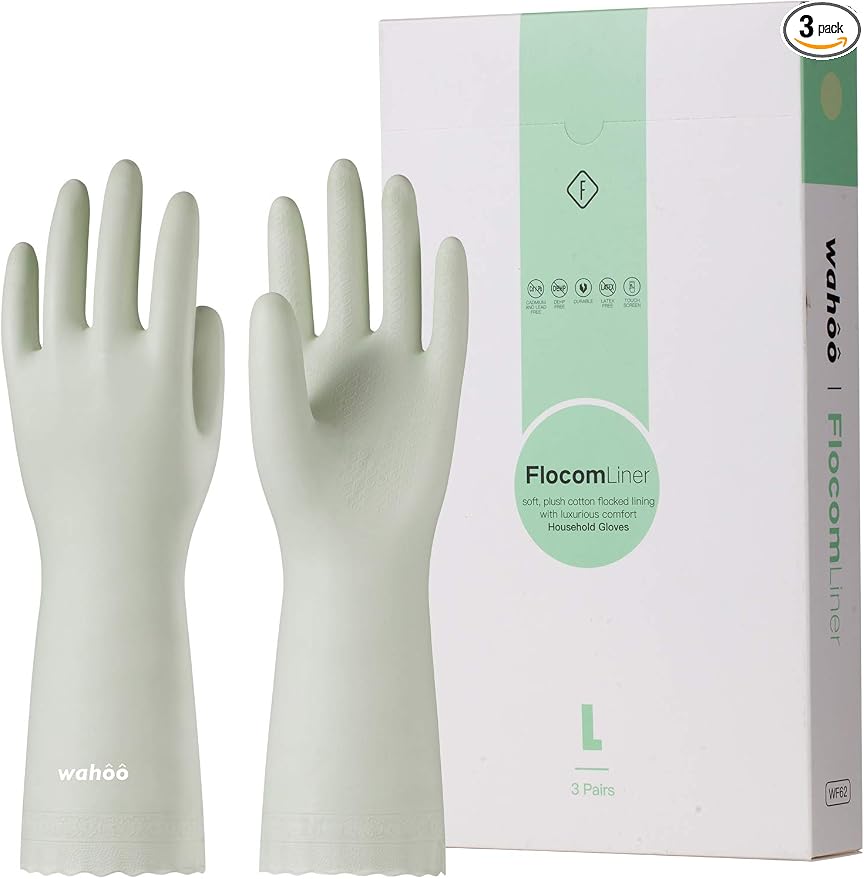 LANON 3 Pairs wahoo Cleaning Gloves,Cotton Flocked Liner,Canary Green,Large | Skin-Friendly,Dish Washing,Reusable,Latex Free,DEHP-Free,Non-Slip,Dishwashing Household Kitchen Gloves