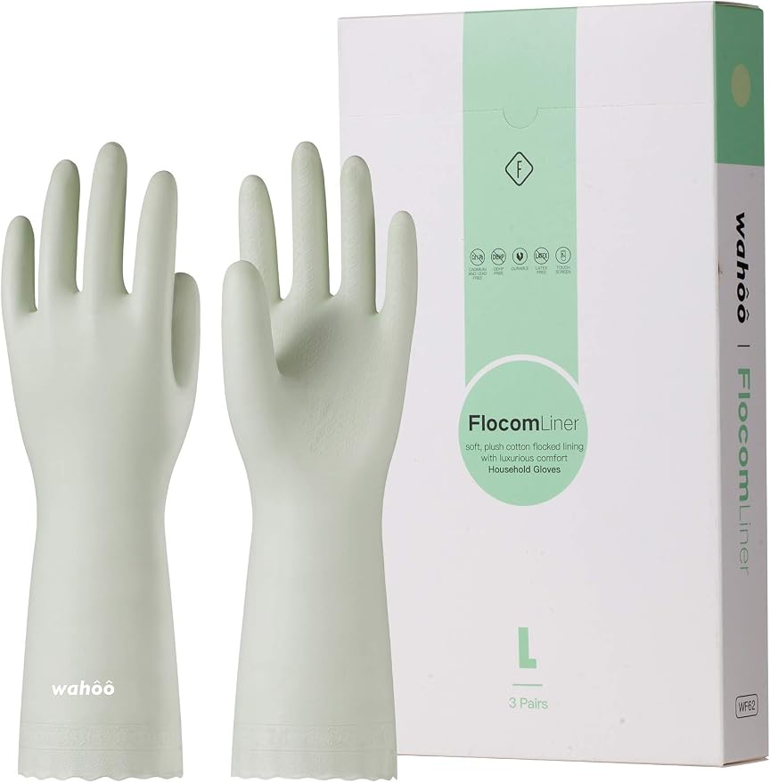 LANON 3 Pair wahoo Cleaning Gloves,Cotton Flocked Liner,Canary Green,Medium | Skin-Friendly,Dish Washing,Reusable,Latex Free,DEHP-Free,Non-Slip,Dishwashing Household Kitchen Gloves