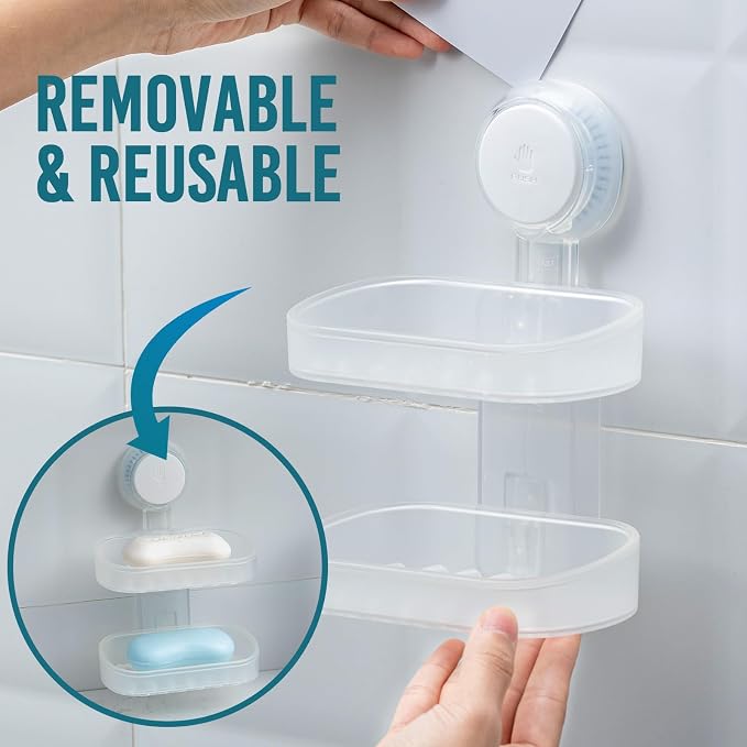 TAILI Soap Holder, Soap Dish for Shower Suction Cup, Bar Soap Holder, Clear | 2 Layer Removable Soap Holder Shower, Soap Tray for Shower Wall, Drill Free Sponge Holder, Bathroom & Kitchen, No drill