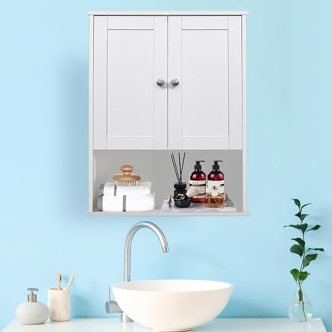 Bathroom Cabinet Wall Mounted Over Toilet Storage Cabinet 20x28 Inch White Wood Wall Space Saver Medicine Cabinets for Bathroom Storage with Adjustable Shelf, 2 Doors, Soft Hinge