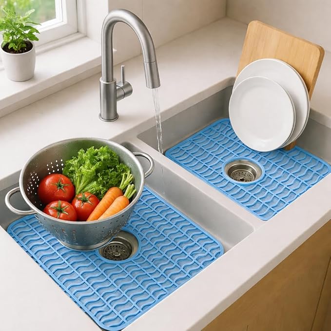 Dependable Industries Inc. Essentials 2 Pack Plastic Sink Protector Mat with Center Drain Cutout Protect Sink and Glasses and Dishes from Scratches and Breaks 12" x 11" (Light Blue)