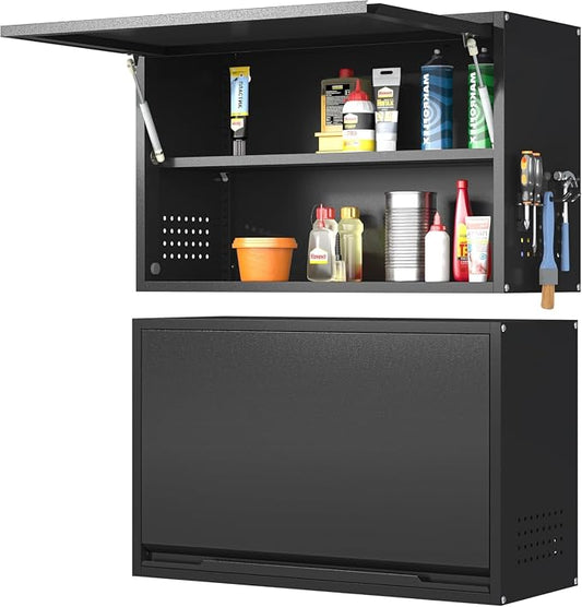 Garage Wall Cabinet, 19.7" H Metal Wall Cabinet with Up-Flip Door | Wall Mounted Metal Storage Cabinet, Upper Cabinet for Kitchen,Garage,Workshop,Warehouse, Assembly Required, Black