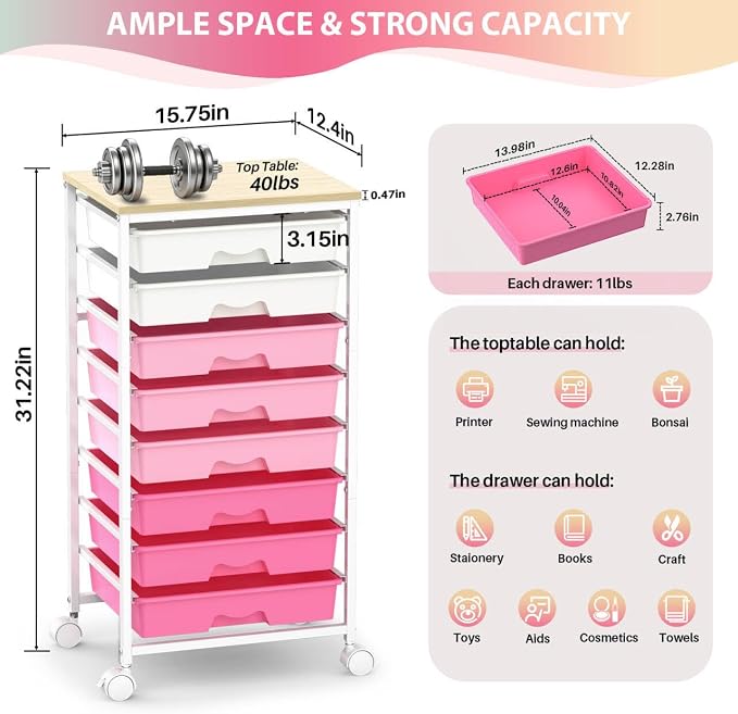 Goovilla Rolling Cart with 8 Drawers for Art, Dorm, Office, Craft, Pink | Utility Cart Organizer With 8 Removable Drawers and Wooden Tabletop, Lockable Rolling Storage Organizer for Classroom, Home