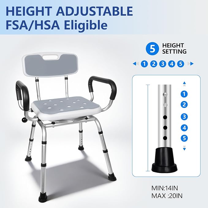 Swivel Shower Chair with Handle 500lbs Adjustable Arms & Back 360° Rotating | 360° Swivel, 5-Level Height Adjust, Non-Slip Feet, Tool-Free Assembly With Extra Suction Bath Grab Bar