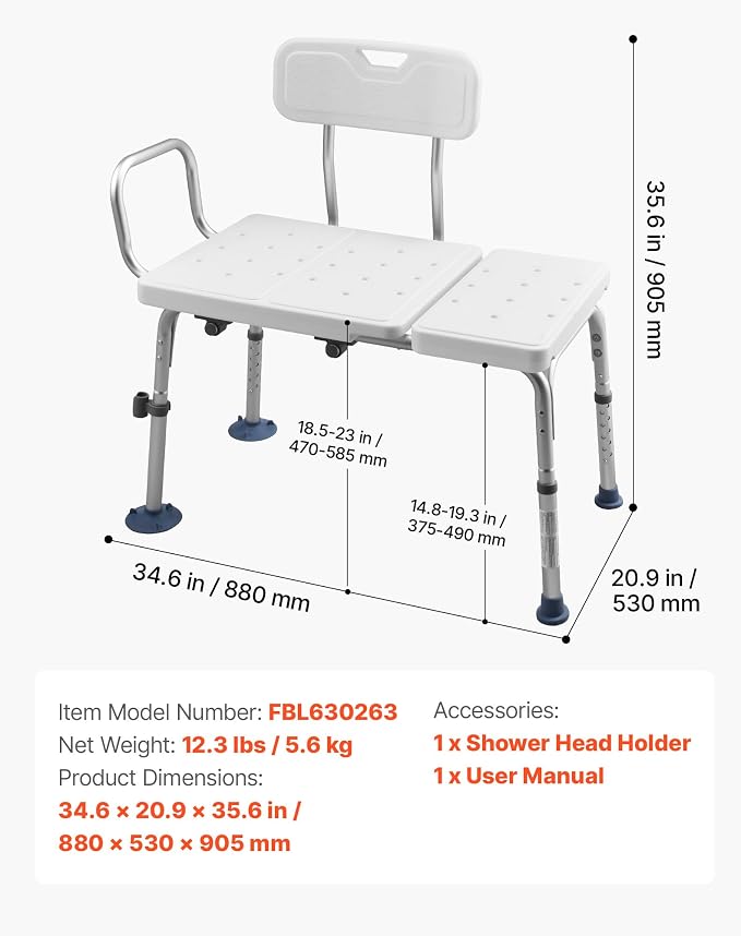 VEVOR Tub Transfer Bench for Bathtub, 400 lbs Capacity Heavy Duty Shower Chair with Arm, Backrest and Curtain Slot, Height Adjustable Shower Bench Bath Seat for Adults, Seniors, Elderly and Disabled