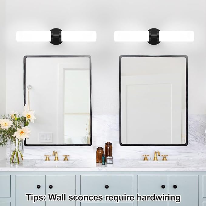 Wall Sconces Set of Two, Matte Black Bathroom Sconces Wall Lighting with Milky White Glass, Hardwired Modern Sconces Wall Decor Set of 2 Bathroom Light Fixtures for Mirror Living Room Hallway Bedroom