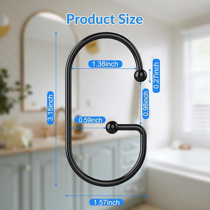 OEH Shower Curtain Hooks, 12 Pcs Shower Curtain Rings, Durable G Shape Black Shower Curtain Hooks Rust Proof, Simple Shower Rings for Curtain, Glide Smoothly Shower Hooks for Shower Curtain Rod, Black