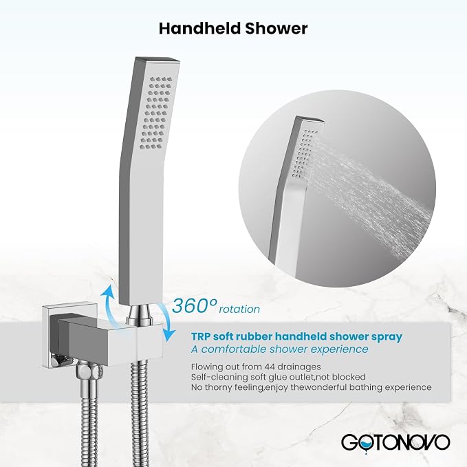 gotonovo Shower Faucet Set with Handheld Spray Polished Chrome,12'' Head | SUS304 Rainfall Shower Head and Handle Set System Fixture,Pressure Balance Valve Trim Kit,Single Handle,Wall Mount,All Metal
