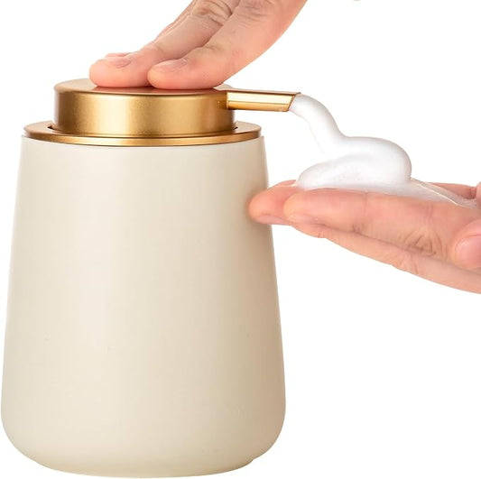 Enra Foam Soap Dispenser, Beige Foaming Hand Soap Dispenser Gold Pump | 12oz Refillable Design with Easy-Press Pump.Modern Style Enhances Sinks,Countertops, Kitchens and Bathroom Spaces.