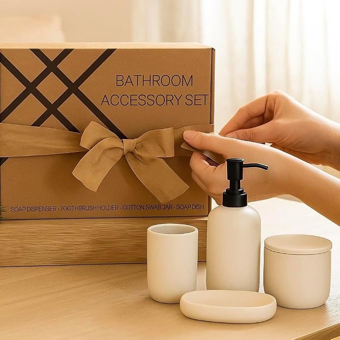 Modern Minimalist Ceramic Bathroom Accessories | Set of 4 | Cream | Soap Dispenser + Toothbrush Holder + Soap Dish + Cup, Aesthetic Scandinavian Design, Home Decor, Scratch Resistant, Durable
