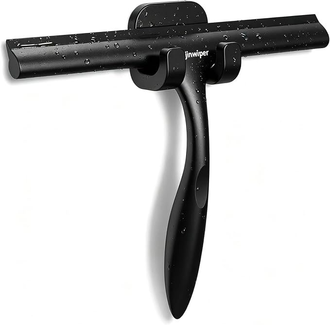 Shower Squeegee for Glass Doors 10 Inch, Black Bathroom Squeegee with Hook | Rust-Proof, Streak Free, All-Purpose Window Squeegee for Shower Glass, Tile Walls, Car, Ergonomic Grip, Silicone Squeegees