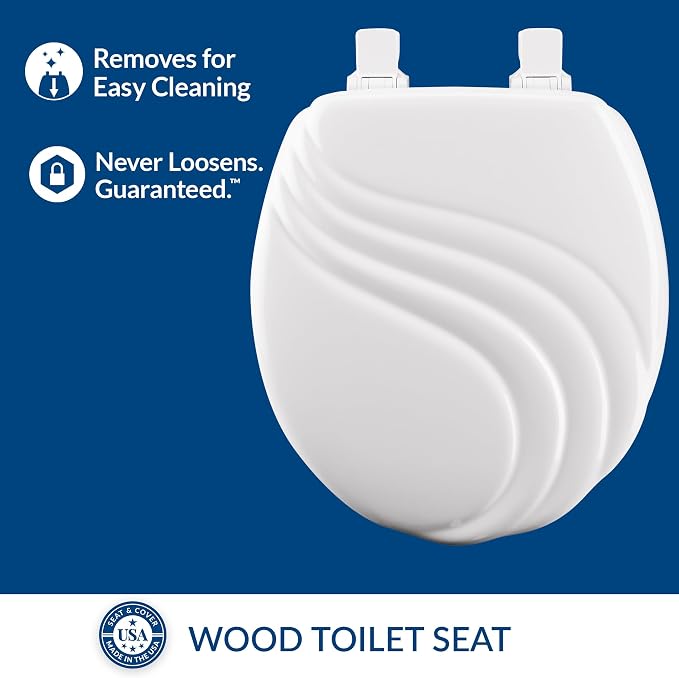 Mayfair Sculptured Swirl Toilet Seat, Easy Clean Hinges with Durable Wood Seat, Made in USA, Round, White