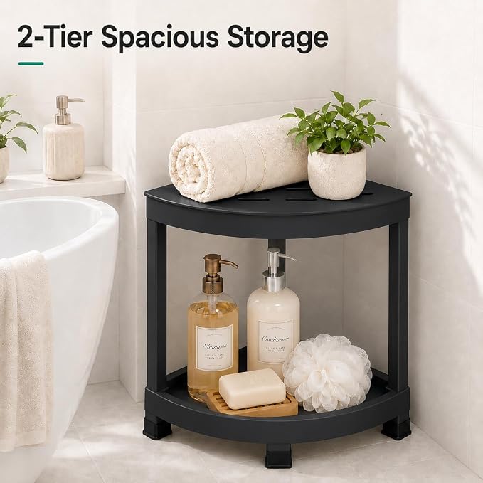 CROWNFURN Shower Foot Rest, HIPS Waterproof Shower Stool for Inside Shower, Corner Shower Bench for Shaving Legs with Baffle Storage Shelf for Small Space, Rapid Assembly DIY Combination Shelf (Black)