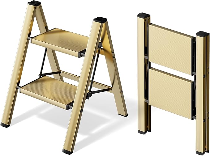 HillhutApex Aluminum Step Stool Foldable,2 Step Ladder (Gold) | Lightweight Portable step ladder with Anti-Slip Wide Pedal,330lbs Capacity Ladder for Household,Office,Kitchen