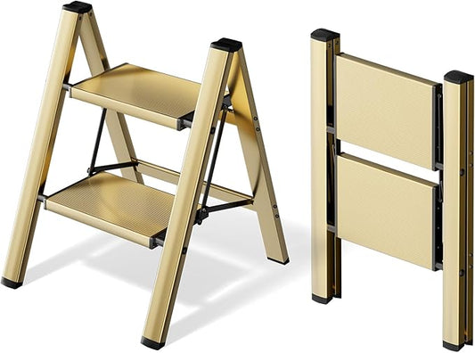 HillhutApex Aluminum Step Stool Foldable,2 Step Ladder (Gold) | Lightweight Portable step ladder with Anti-Slip Wide Pedal,330lbs Capacity Ladder for Household,Office,Kitchen