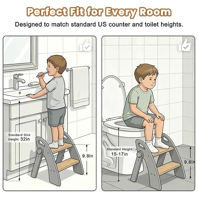 Wooden 2 Step Stool for Toddlers, Foldable 2-Step with Non-Slip Pads and Handles, Bamboo Step Stool for Kids Bathroom Sink and Potty Training, Kitchen Helper, Nursery Bedroom (Log Color)
