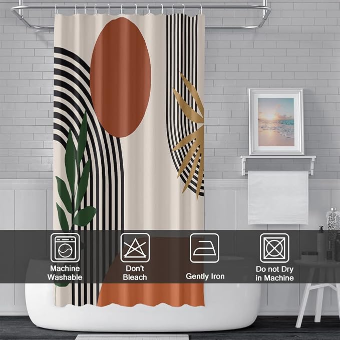 Mid Century Boho Shower Curtain with Hooks for Bathroom 72x96 Inch | Waterproof Abstract Sun Leaves and Arch Shower Curtain Set, Soft Terracotta Bathroom Decor